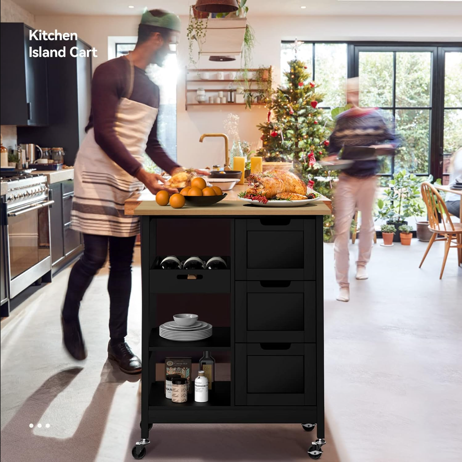 Kitchen Island with Storage, Kitchen Cart for Home, Rolling Serving Utility Trolley Cart on Wheel with 3 Drawers and 3 Storage Shelves, Kitchen Serving Cart for Dining Room, Bar, Black