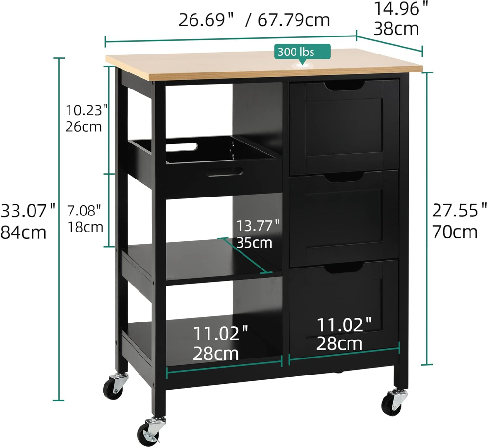 Kitchen Island with Storage, Kitchen Cart for Home, Rolling Serving Utility Trolley Cart on Wheel with 3 Drawers and 3 Storage Shelves, Kitchen Serving Cart for Dining Room, Bar, Black