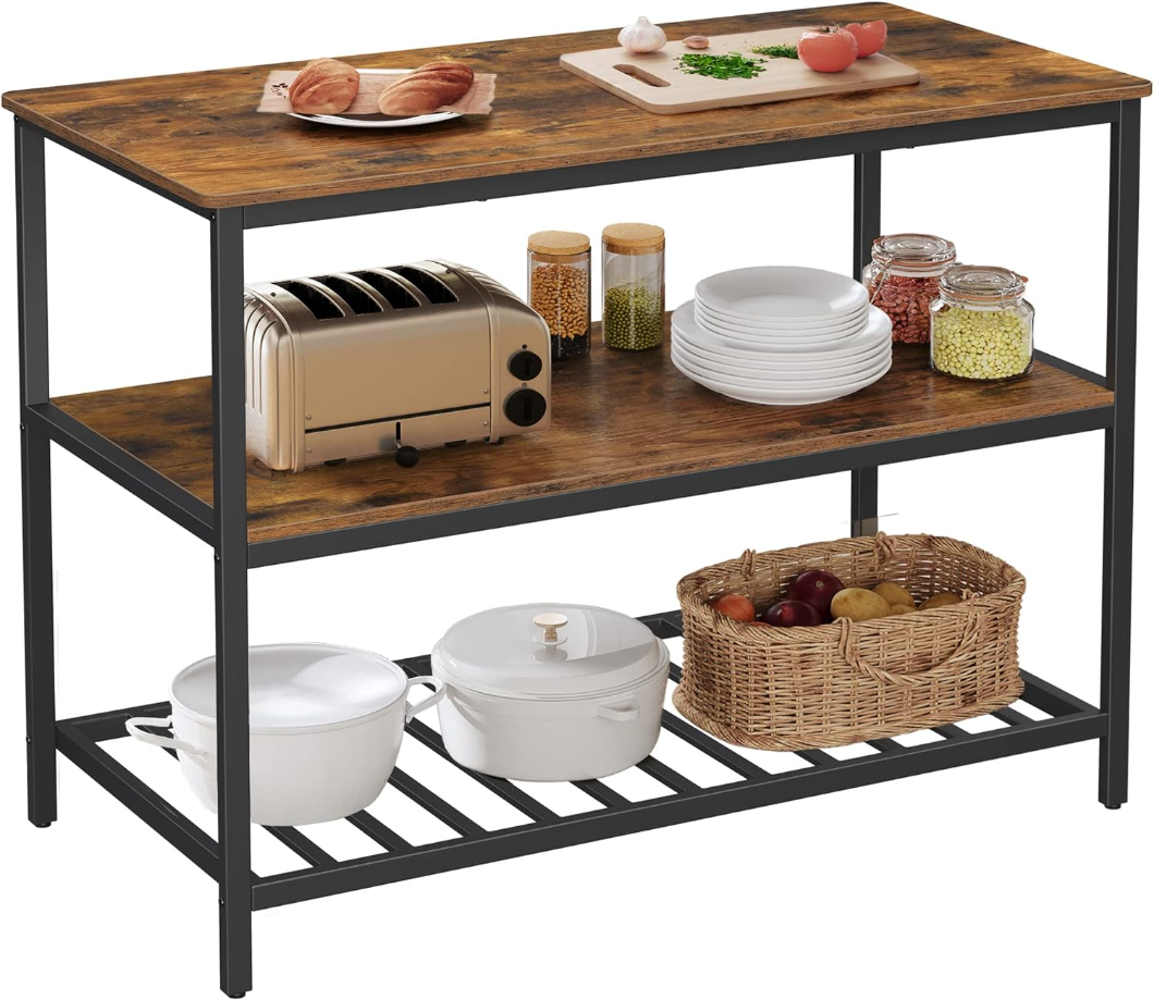 Kitchen Island with 3 Shelves, 47.2 Inches Kitchen Shelf with Large Worktop, Stable Steel Structure, Industrial, Easy to Assemble, Rustic Brown and Black UKKI01BX