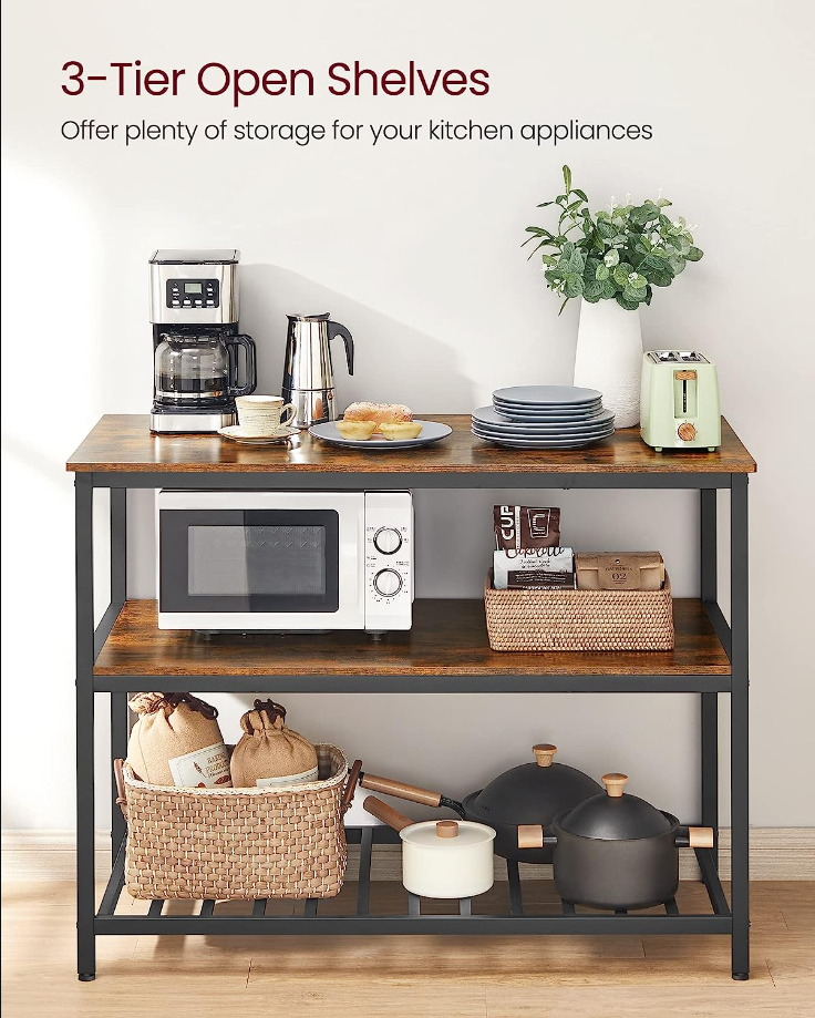Kitchen Island with 3 Shelves, 47.2 Inches Kitchen Shelf with Large Worktop, Stable Steel Structure, Industrial, Easy to Assemble, Rustic Brown and Black UKKI01BX