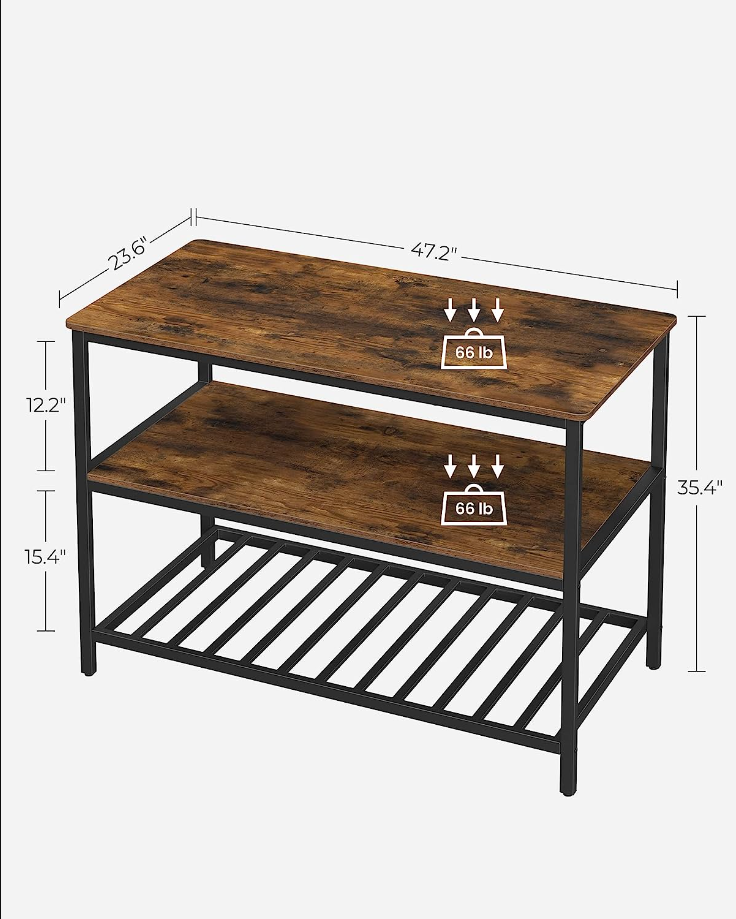 Kitchen Island with 3 Shelves, 47.2 Inches Kitchen Shelf with Large Worktop, Stable Steel Structure, Industrial, Easy to Assemble, Rustic Brown and Black UKKI01BX