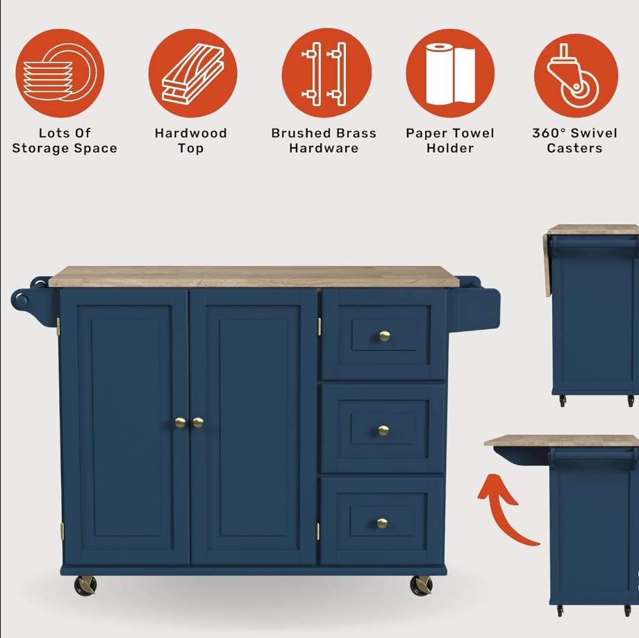 Mobile Kitchen Island Cart with Wood Top and Dropleaf Breakfast Bar, Blue