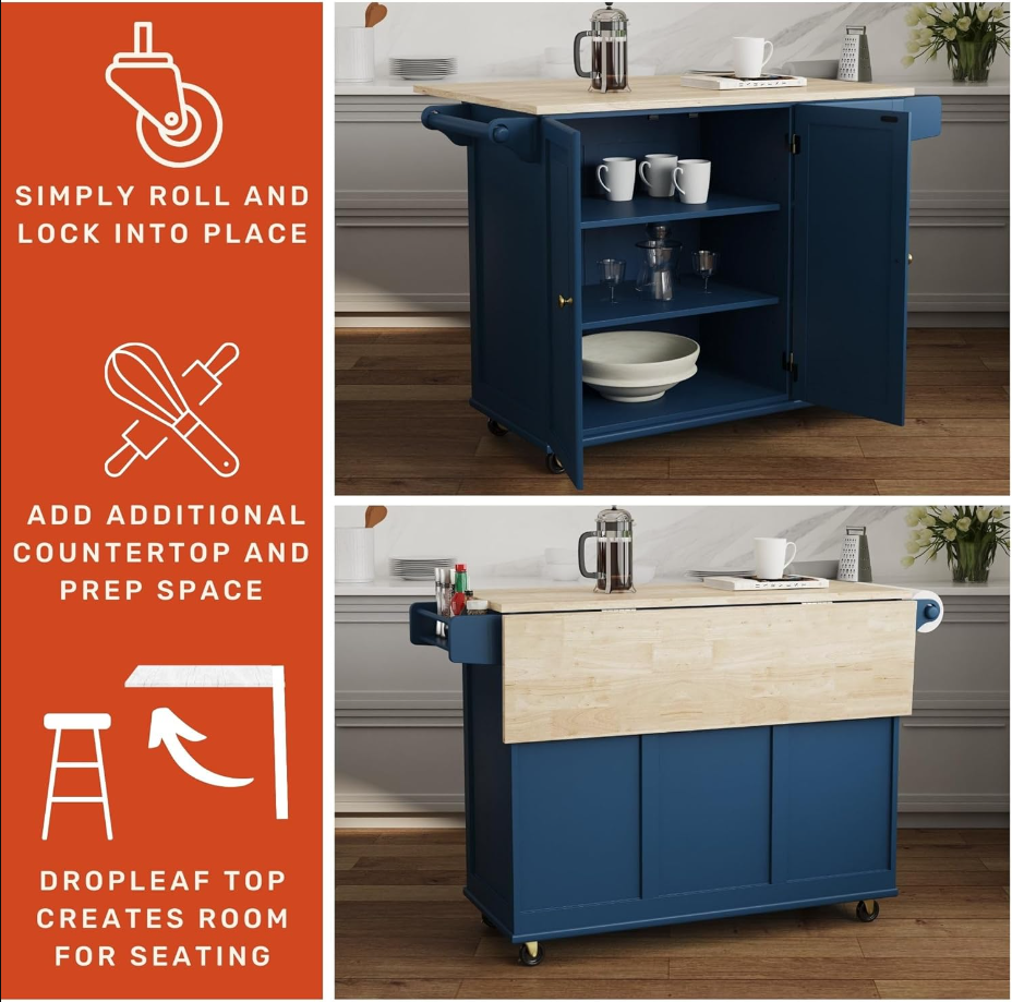 Mobile Kitchen Island Cart with Wood Top and Dropleaf Breakfast Bar, Blue