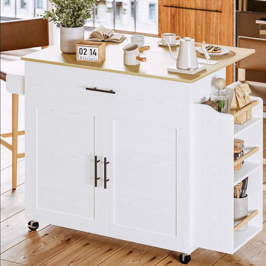 Kitchen Island with Storage, Rolling Kitchen Island on Wheels with Drop Leaf, 3 Open Spice Rack Shelf, Door Cabinet, Drawer, Kitchen Cart Island Table for Kitchen, White