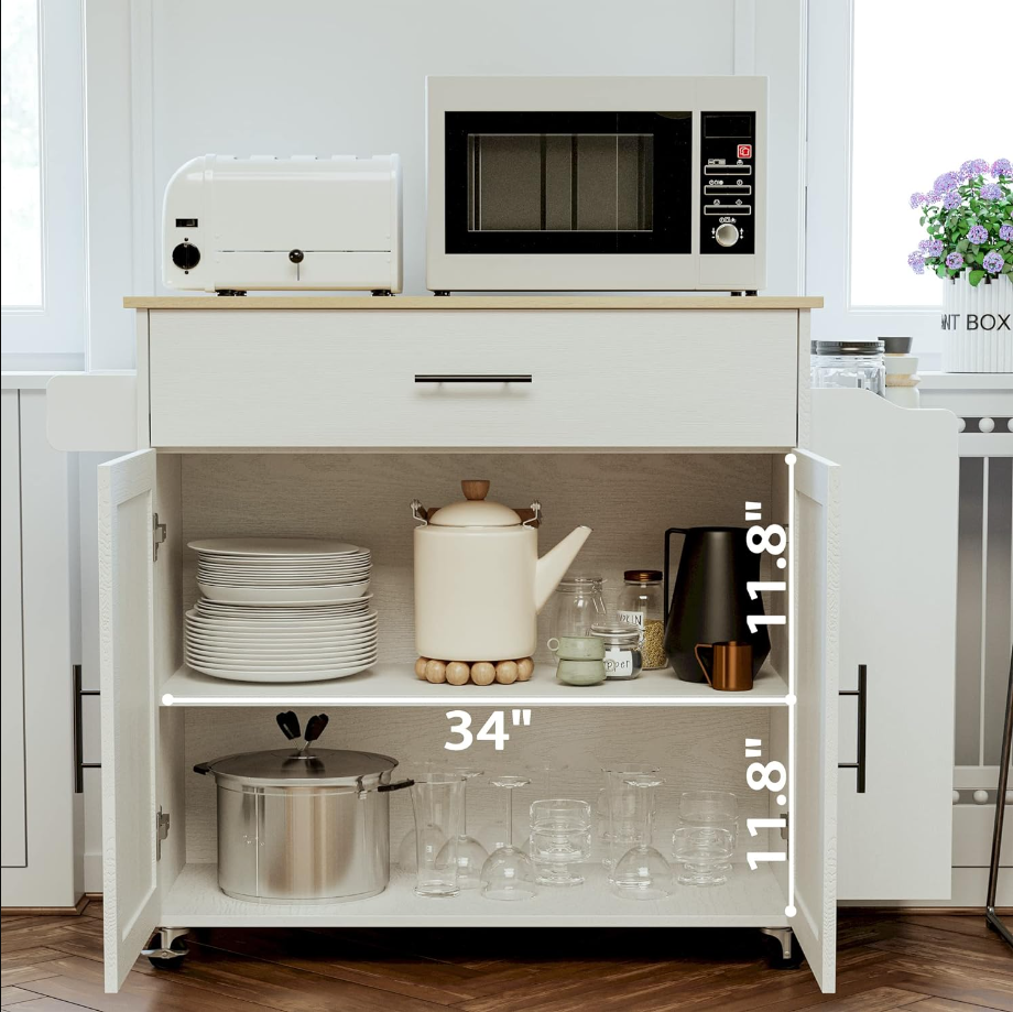 Kitchen Island with Storage, Rolling Kitchen Island on Wheels with Drop Leaf, 3 Open Spice Rack Shelf, Door Cabinet, Drawer, Kitchen Cart Island Table for Kitchen, White