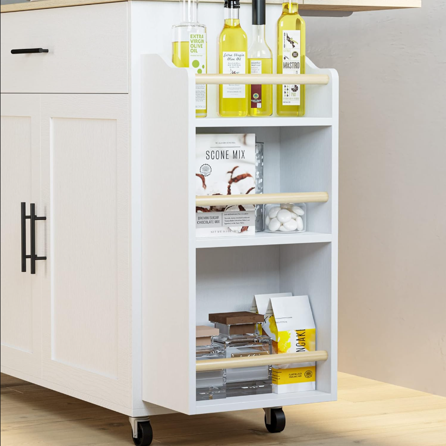 Kitchen Island with Storage, Rolling Kitchen Island on Wheels with Drop Leaf, 3 Open Spice Rack Shelf, Door Cabinet, Drawer, Kitchen Cart Island Table for Kitchen, White