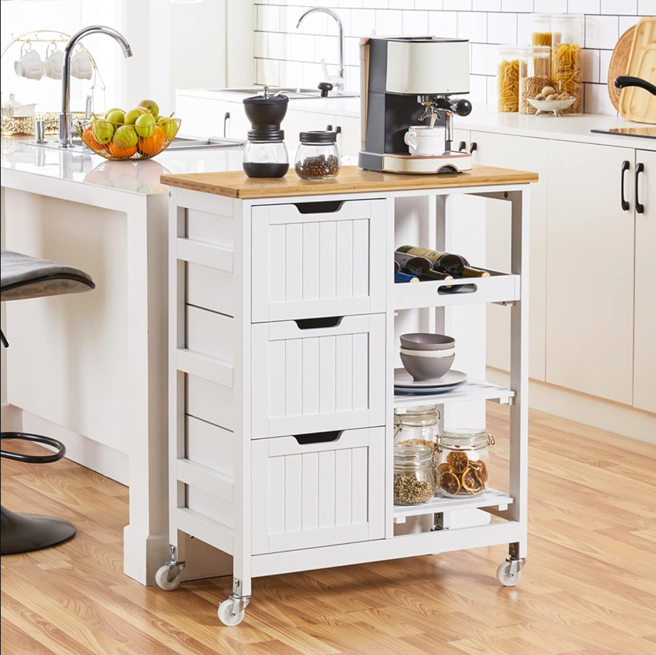 Rolling Serving Utility Trolley Cart with 3 Drawers, 3 Removable Shelves & Lockable Casters, Storage Cabinet for Dining Room, Bar, White