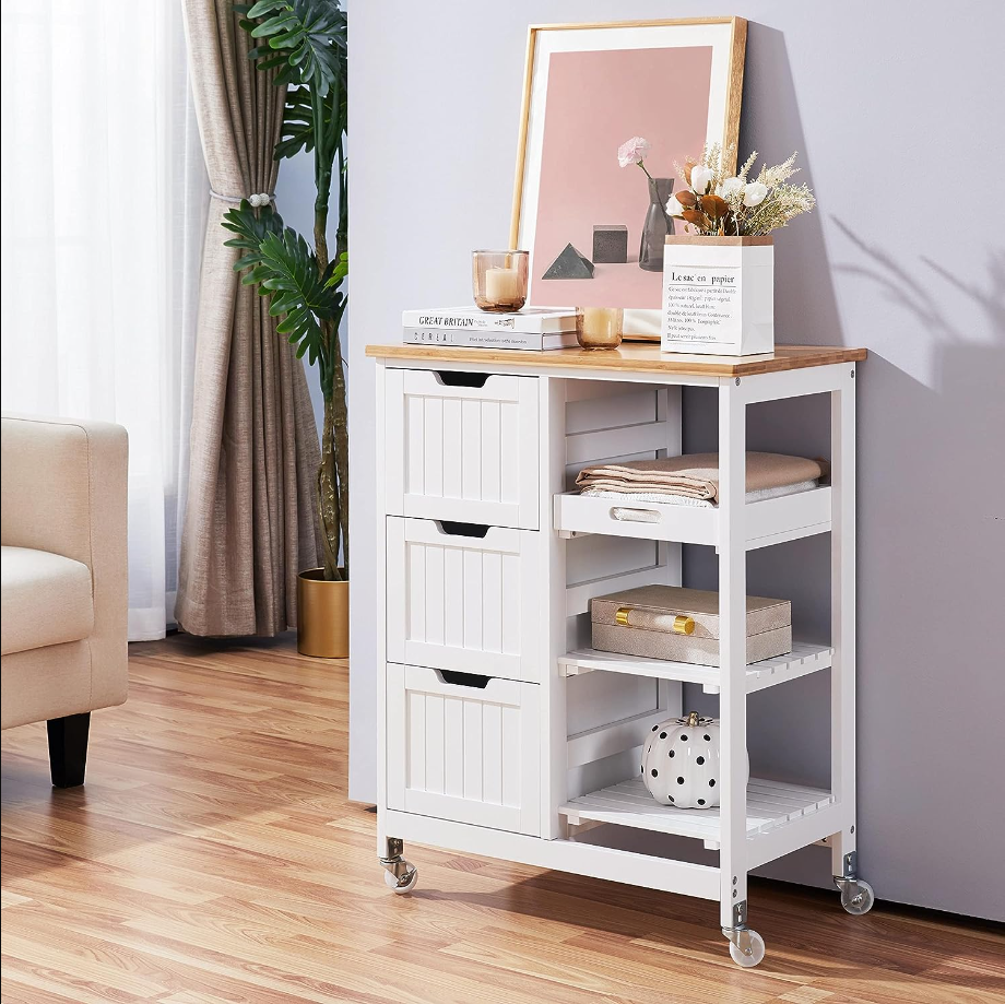Rolling Serving Utility Trolley Cart with 3 Drawers, 3 Removable Shelves & Lockable Casters, Storage Cabinet for Dining Room, Bar, White