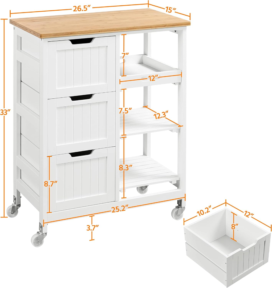 Rolling Serving Utility Trolley Cart with 3 Drawers, 3 Removable Shelves & Lockable Casters, Storage Cabinet for Dining Room, Bar, White