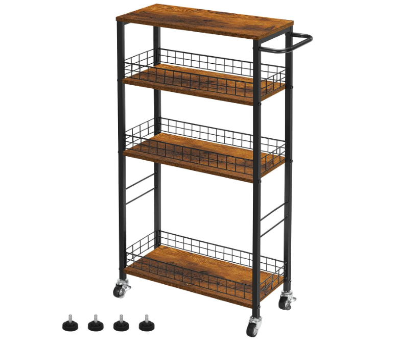 Slim Storage Cart 4 Tier Kitchen Rolling Cart on Wheels Mobile Narrow Cart with Wooden Tabletop Slide Out Utility Cart for Bathroom Laundry Narrow Places Rustic Brown 16.5''L X 7.3''W X 34.6''H