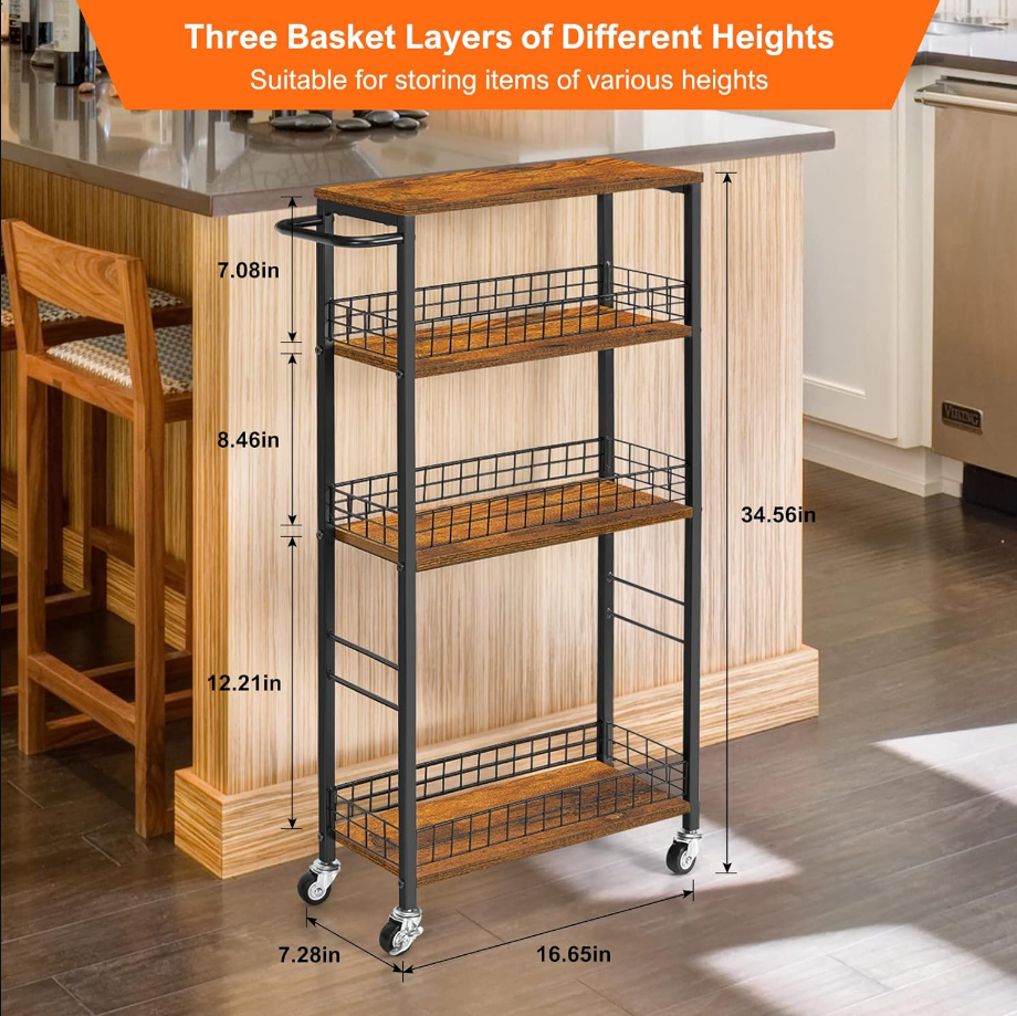 Slim Storage Cart 4 Tier Kitchen Rolling Cart on Wheels Mobile Narrow Cart with Wooden Tabletop Slide Out Utility Cart for Bathroom Laundry Narrow Places Rustic Brown 16.5''L X 7.3''W X 34.6''H