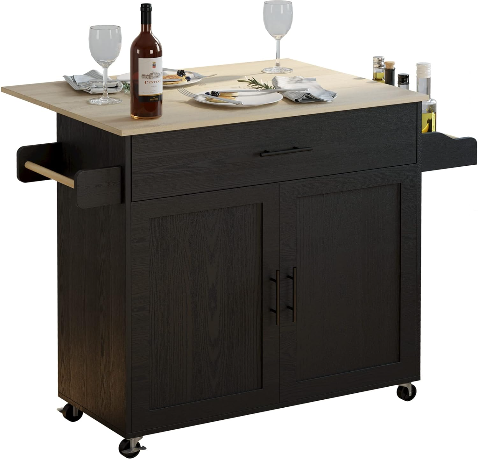 Rolling Kitchen Island Table on Wheels with Drop Leaf, Storage Cabinet, Drawer, Spice/Towel Rack, Kitchen Cart, Black