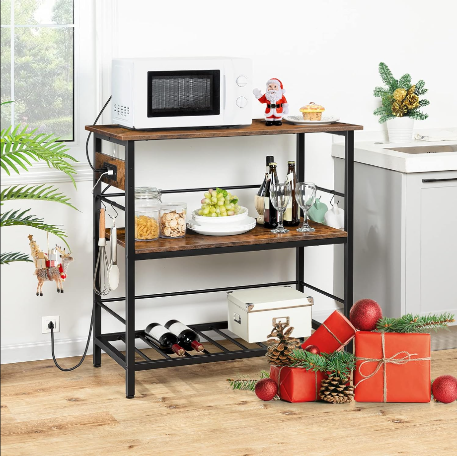 Kitchen Island with Storage, Kitchen Island Table with Power Outlet, 3 Tier Coffee Station and Microwave Stand, for Home, Kitchen and Dining Room