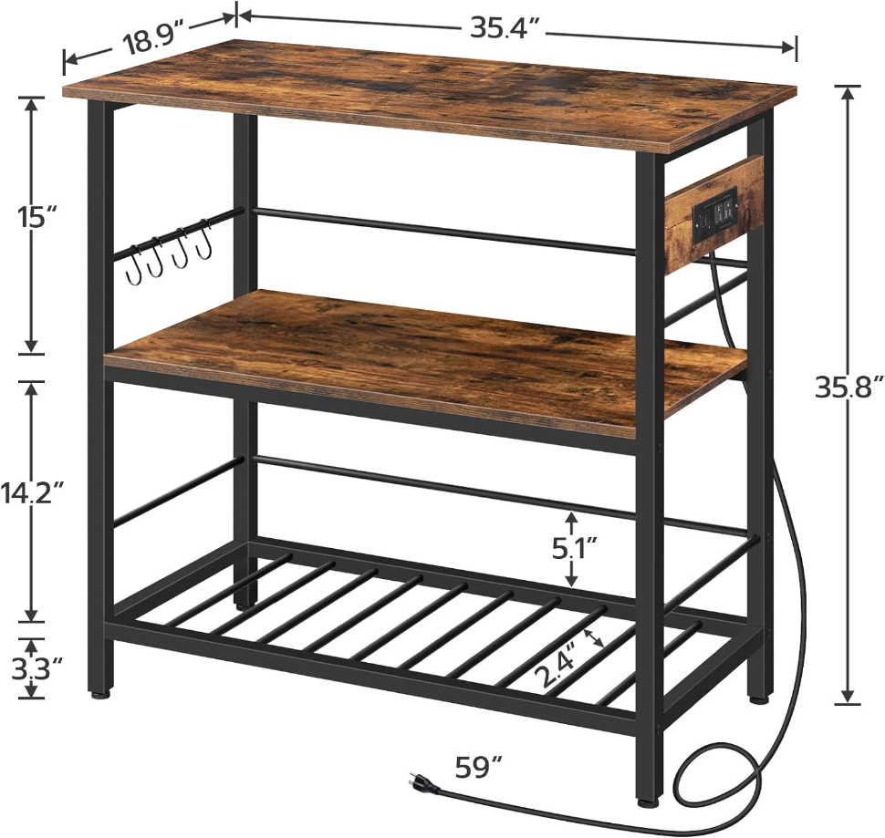 Kitchen Island with Storage, Kitchen Island Table with Power Outlet, 3 Tier Coffee Station and Microwave Stand, for Home, Kitchen and Dining Room
