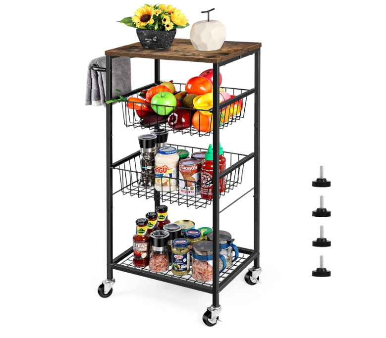 Kitchen Storage Cart Microwave Stand on Wheels Rolling Utility Cart with Storage Basket Slim Storage Trolley for Kitchen, Bathroom, Living Room, Office, Balcony
