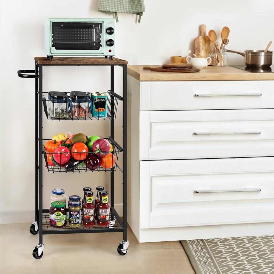 Kitchen Storage Cart Microwave Stand on Wheels Rolling Utility Cart with Storage Basket Slim Storage Trolley for Kitchen, Bathroom, Living Room, Office, Balcony