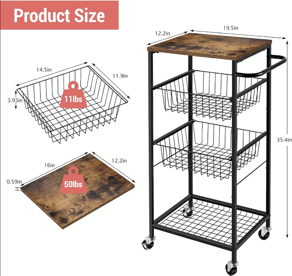 Kitchen Storage Cart Microwave Stand on Wheels Rolling Utility Cart with Storage Basket Slim Storage Trolley for Kitchen, Bathroom, Living Room, Office, Balcony