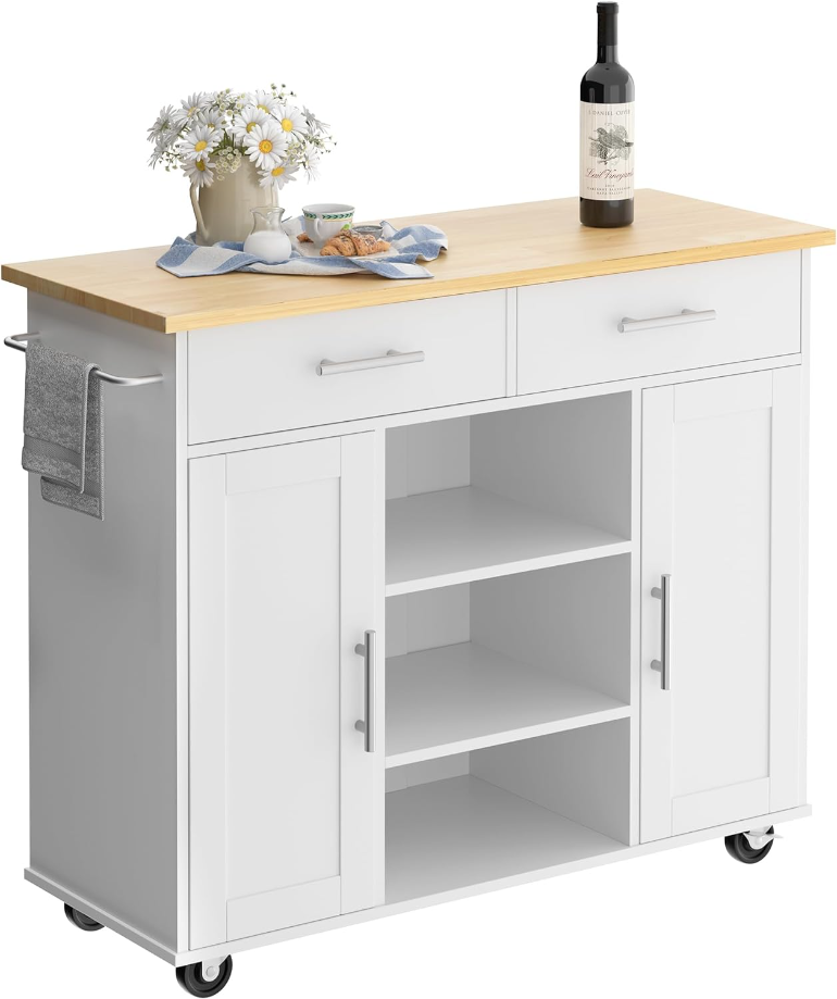 Kitchen Storage Island Cart with 3 Open Shelves, 2 Drawers and 2 Cabinets, Kitchen Cart on Wheels with Handle/Towel Rack, White