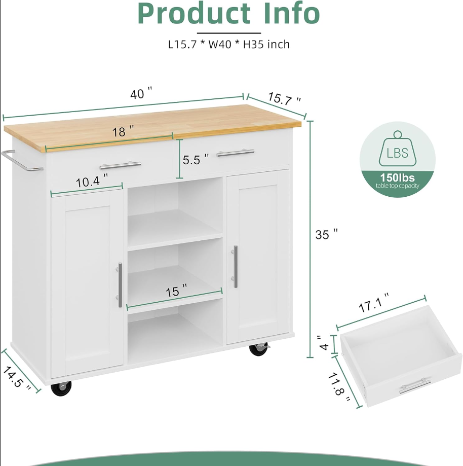 Kitchen Storage Island Cart with 3 Open Shelves, 2 Drawers and 2 Cabinets, Kitchen Cart on Wheels with Handle/Towel Rack, White