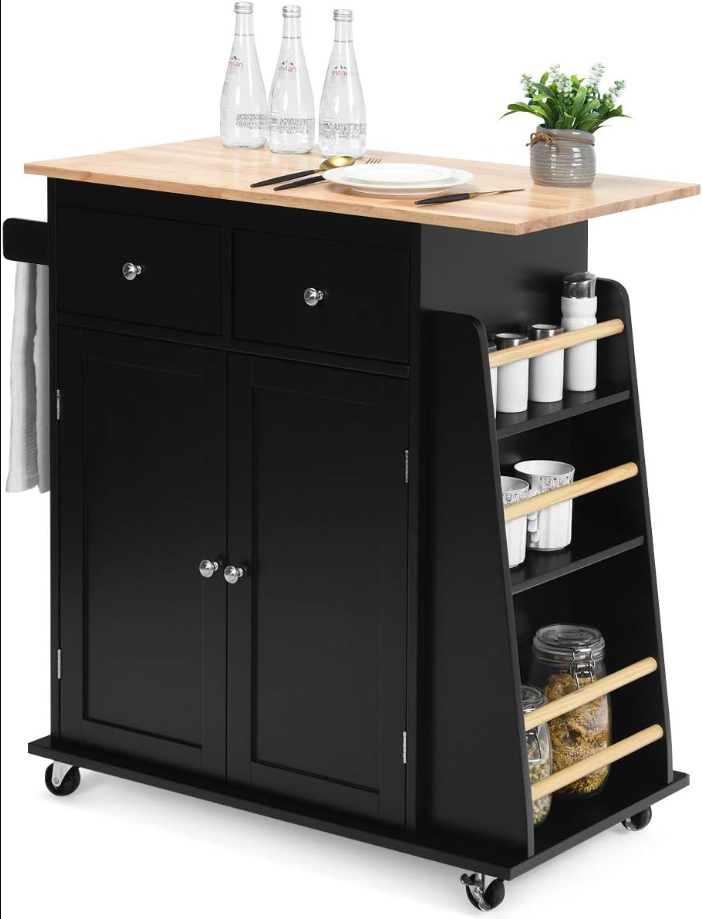 Kitchen Island Cart, Rolling Wood Trolley with Storage Cabinet, Towel Handle, 2 Drawers, Side Spice Rack and Wine Bottle Rack, Kitchen Cart on Wheels, Rubber Wood Countertop (Black)
