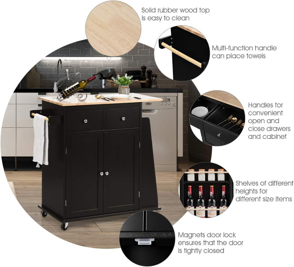 Kitchen Island Cart, Rolling Wood Trolley with Storage Cabinet, Towel Handle, 2 Drawers, Side Spice Rack and Wine Bottle Rack, Kitchen Cart on Wheels, Rubber Wood Countertop (Black)