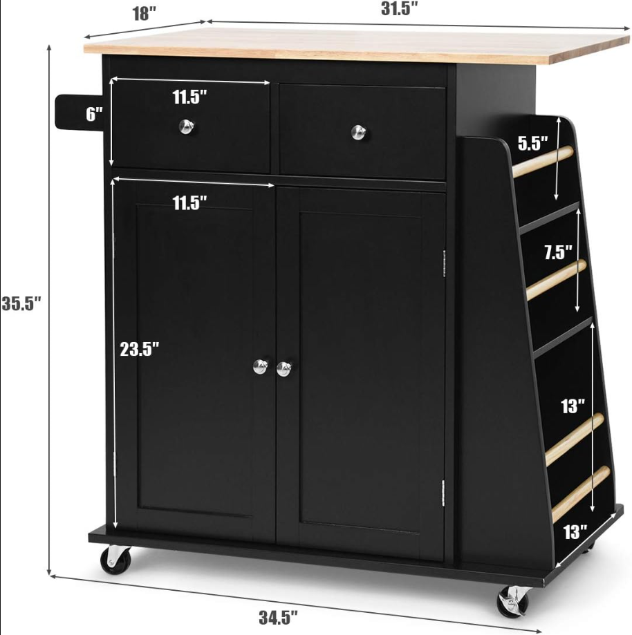 Kitchen Island Cart, Rolling Wood Trolley with Storage Cabinet, Towel Handle, 2 Drawers, Side Spice Rack and Wine Bottle Rack, Kitchen Cart on Wheels, Rubber Wood Countertop (Black)
