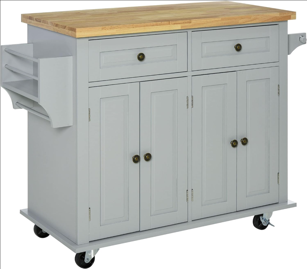 Kitchen Island on Wheels, Rolling Cart with Rubberwood Top, Spice Rack, Towel Rack and Drawers for Dining Room, Grey
