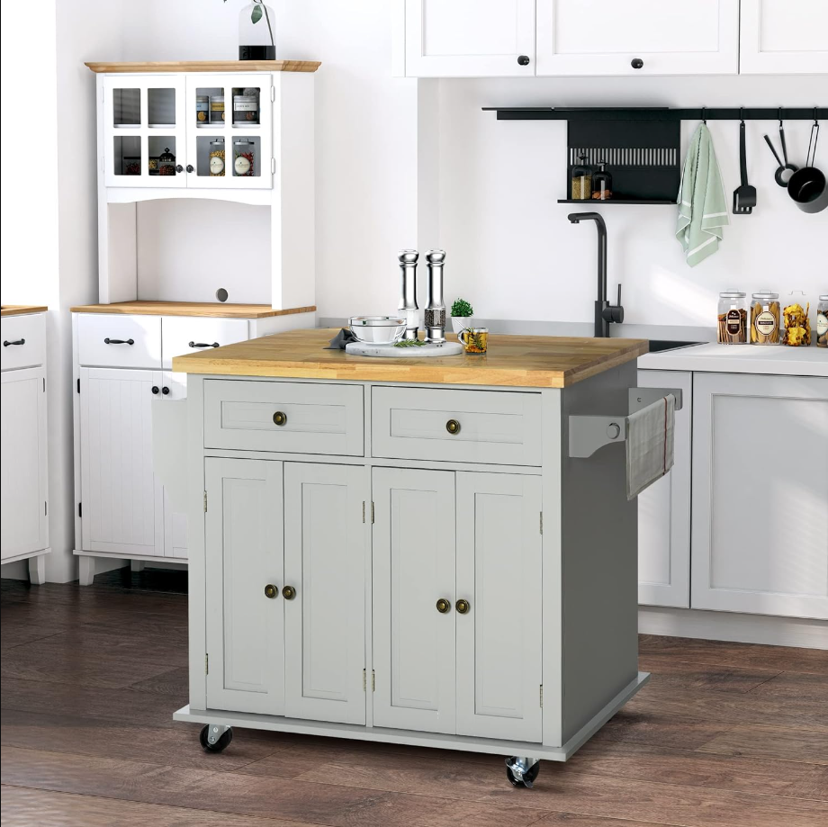 Kitchen Island on Wheels, Rolling Cart with Rubberwood Top, Spice Rack, Towel Rack and Drawers for Dining Room, Grey