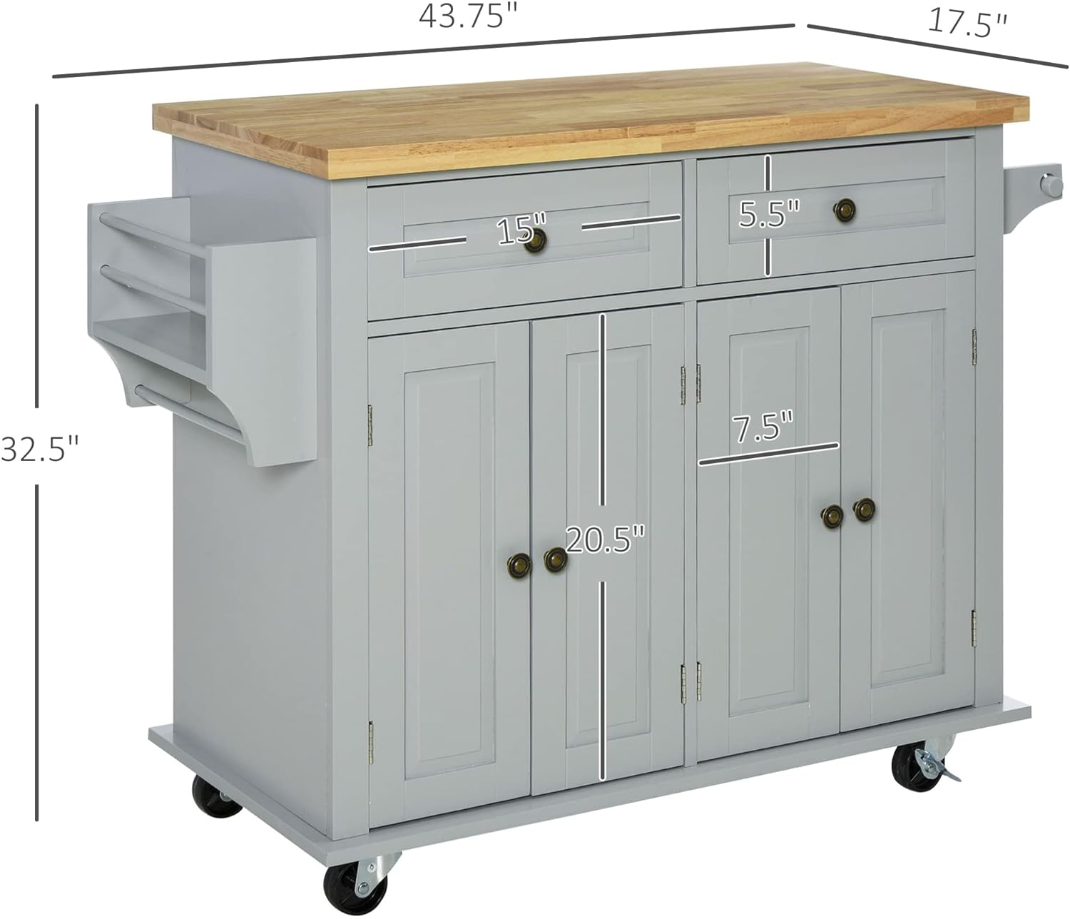 Kitchen Island on Wheels, Rolling Cart with Rubberwood Top, Spice Rack, Towel Rack and Drawers for Dining Room, Grey