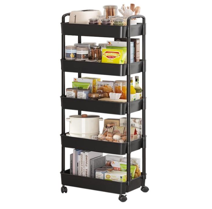 5-Tier Rolling Cart, Multipurpose Utility Cart, Rolling Carts with Lockable Wheels, Storage Cart Craft Cart Organizer for Bathroom Laundry Kitchen,Used as Book Art Snack lash Makeup Diaper cart,Black