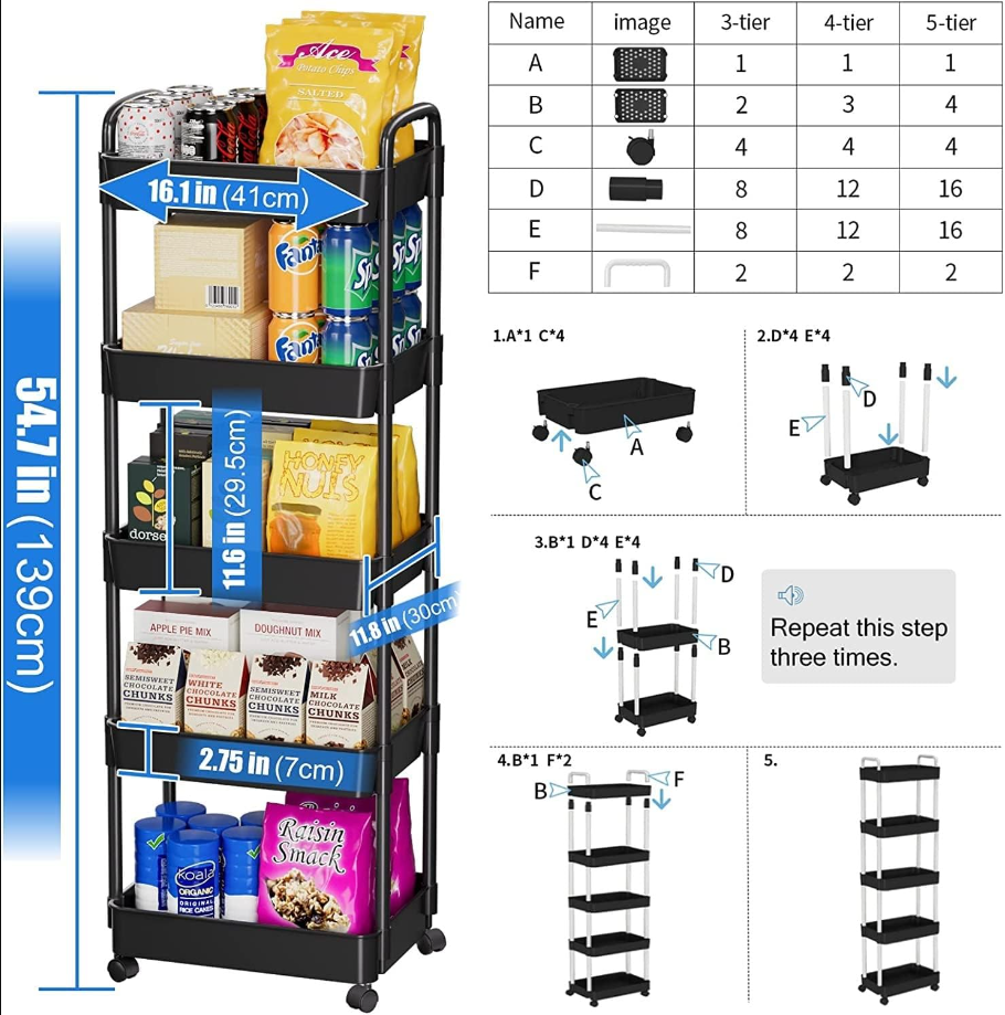 5-Tier Rolling Cart, Multipurpose Utility Cart, Rolling Carts with Lockable Wheels, Storage Cart Craft Cart Organizer for Bathroom Laundry Kitchen,Used as Book Art Snack lash Makeup Diaper cart,Black