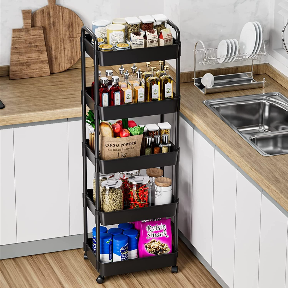 5-Tier Rolling Cart, Multipurpose Utility Cart, Rolling Carts with Lockable Wheels, Storage Cart Craft Cart Organizer for Bathroom Laundry Kitchen,Used as Book Art Snack lash Makeup Diaper cart,Black