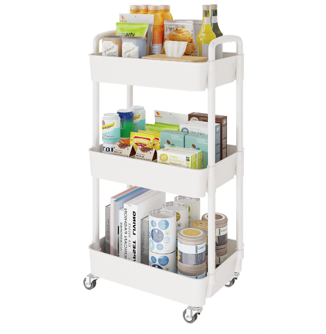 3-Tier Storage Cart,Multifunction Kitchen Storage Organizer,Mobile Shelving Unit Utility Rolling Cart with Lockable Wheels for Bathroom,Laundry,Living Room,With Classified Stickers,White
