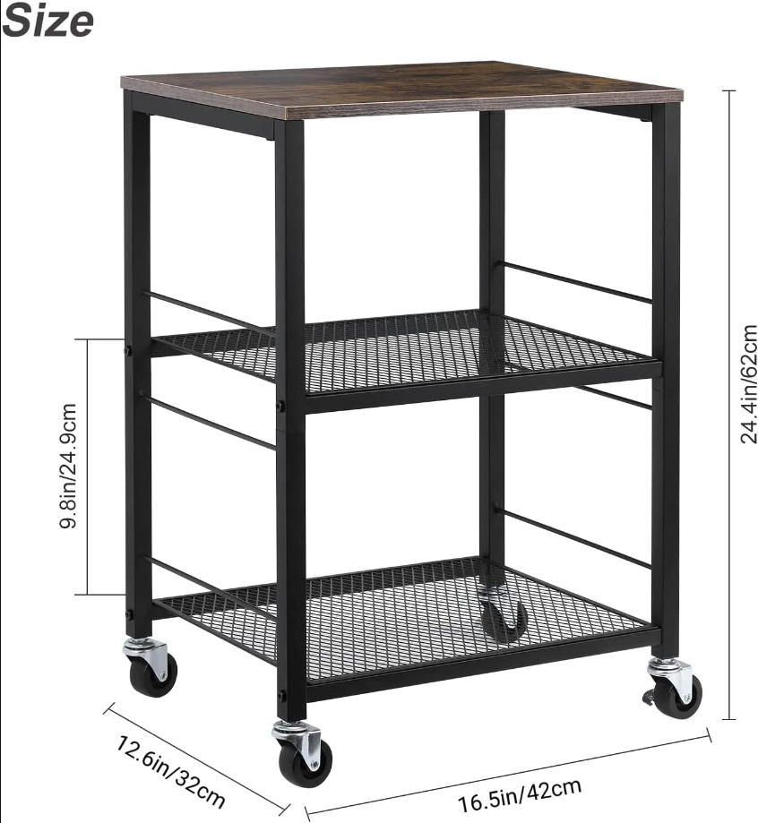 3 Tier Rolling Cart, Kitchen Carts on Wheels with Storage and Steel Frame, Multifunctional Utility Cart for Kitchen, Bathroom, Living Room, Bar, Office (16.5'' * 12.6'')