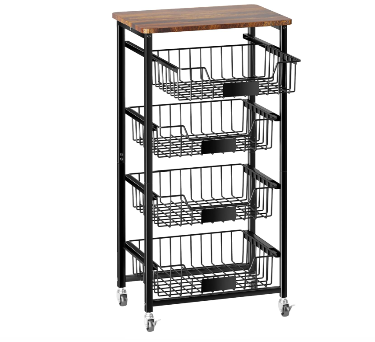 Fruit Basket, 5-Tier Utility Kitchen Organizer and Storage Cart with Pull-Out Baskets and Wood Top, Rolling Pantry Kitchen Cart on Wheels for Fruit Potato Onion Vegetable Snack Produce