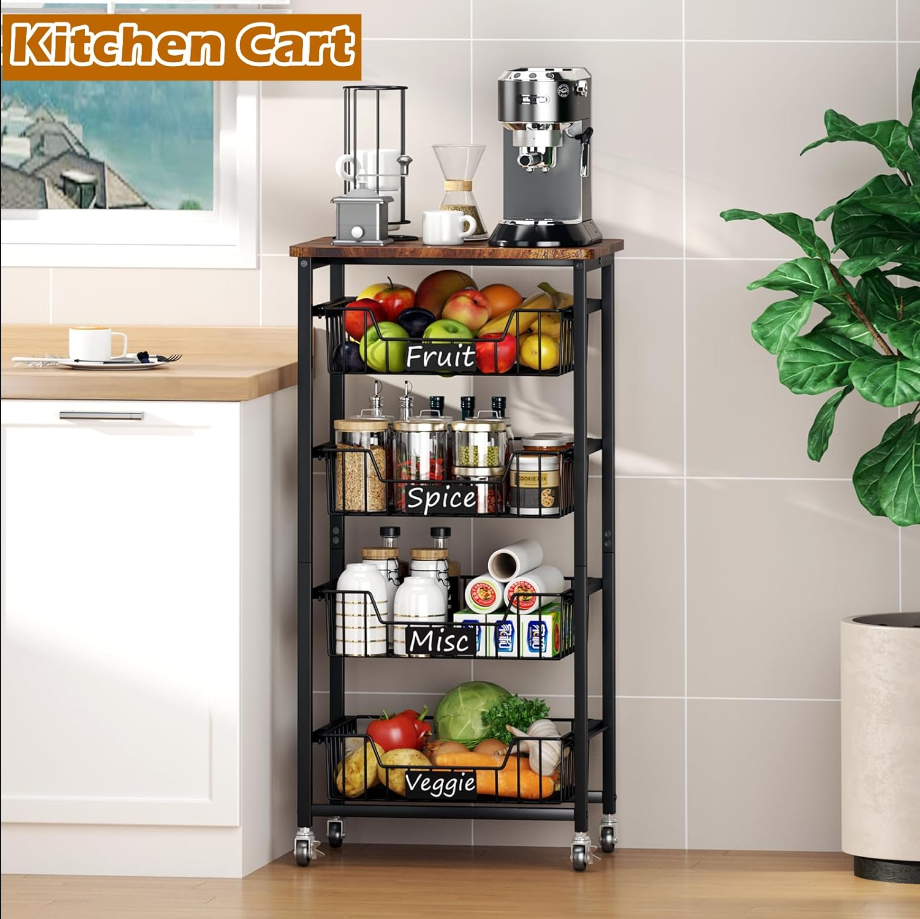Fruit Basket, 5-Tier Utility Kitchen Organizer and Storage Cart with Pull-Out Baskets and Wood Top, Rolling Pantry Kitchen Cart on Wheels for Fruit Potato Onion Vegetable Snack Produce