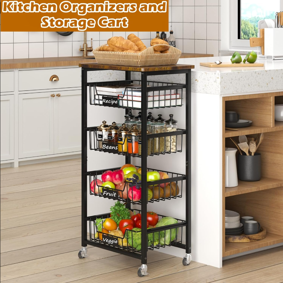 Fruit Basket, 5-Tier Utility Kitchen Organizer and Storage Cart with Pull-Out Baskets and Wood Top, Rolling Pantry Kitchen Cart on Wheels for Fruit Potato Onion Vegetable Snack Produce