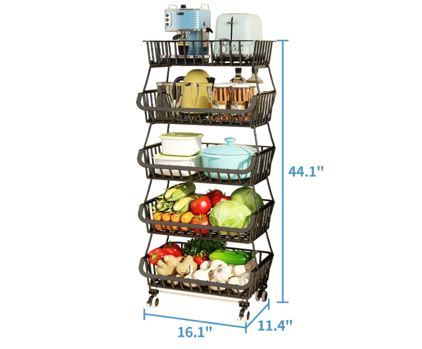 5 Tier, Kitchen Fruit Vegetable Storage Cart, Vegetable Basket Bins for Onions and Potatoes, Wire Storage Organizer Utility Cart with Wheels, Black