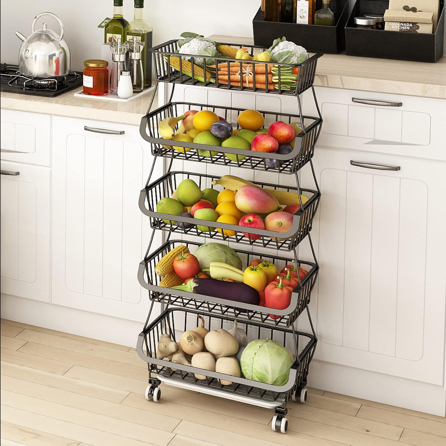5 Tier, Kitchen Fruit Vegetable Storage Cart, Vegetable Basket Bins for Onions and Potatoes, Wire Storage Organizer Utility Cart with Wheels, Black