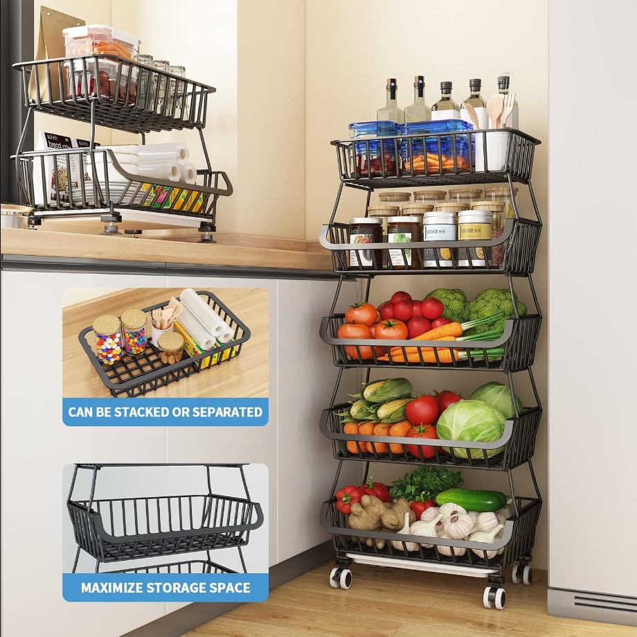 5 Tier, Kitchen Fruit Vegetable Storage Cart, Vegetable Basket Bins for Onions and Potatoes, Wire Storage Organizer Utility Cart with Wheels, Black