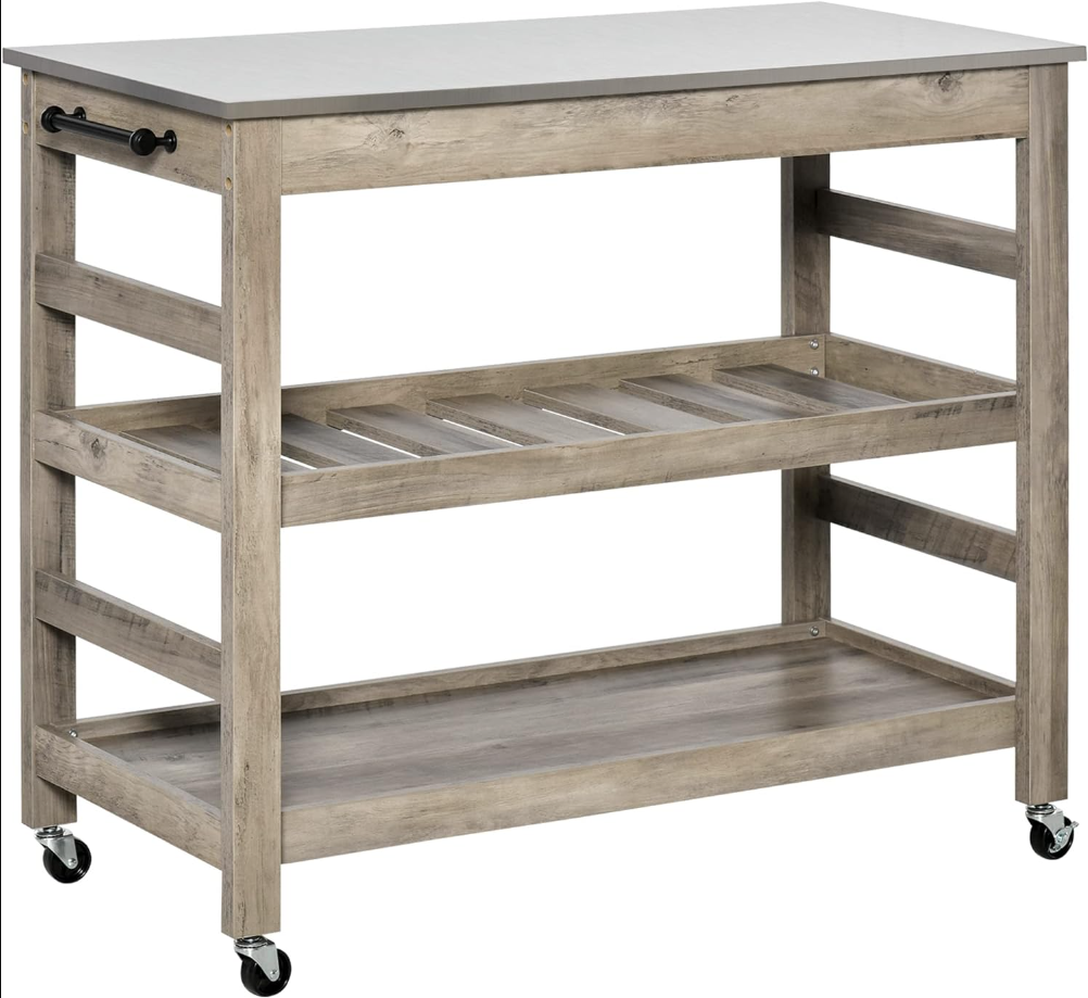 Rolling Kitchen Cart with Stainless Steel Countertop, 1 Bottom Shelf, 1 Slotted Middle Shelf and 4 Castor Wheels, Grey
