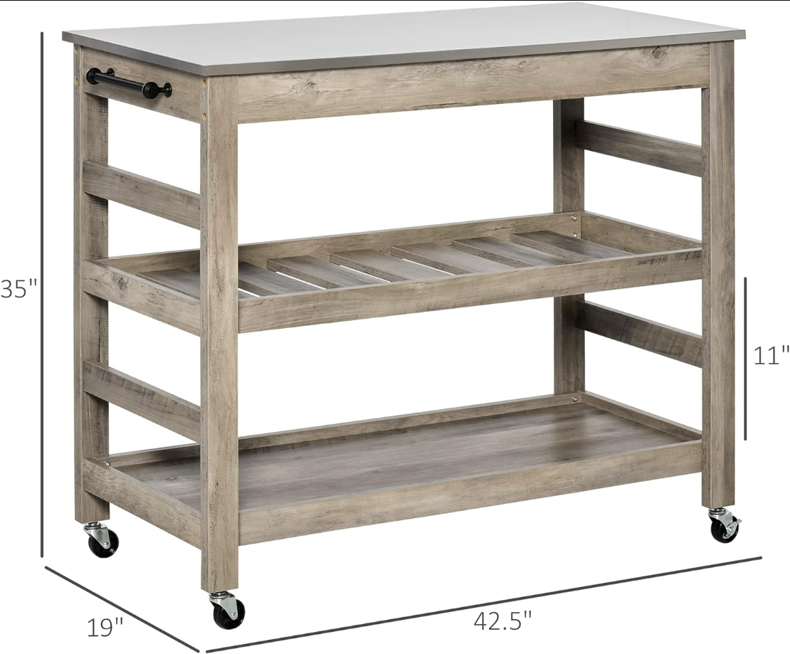 Rolling Kitchen Cart with Stainless Steel Countertop, 1 Bottom Shelf, 1 Slotted Middle Shelf and 4 Castor Wheels, Grey