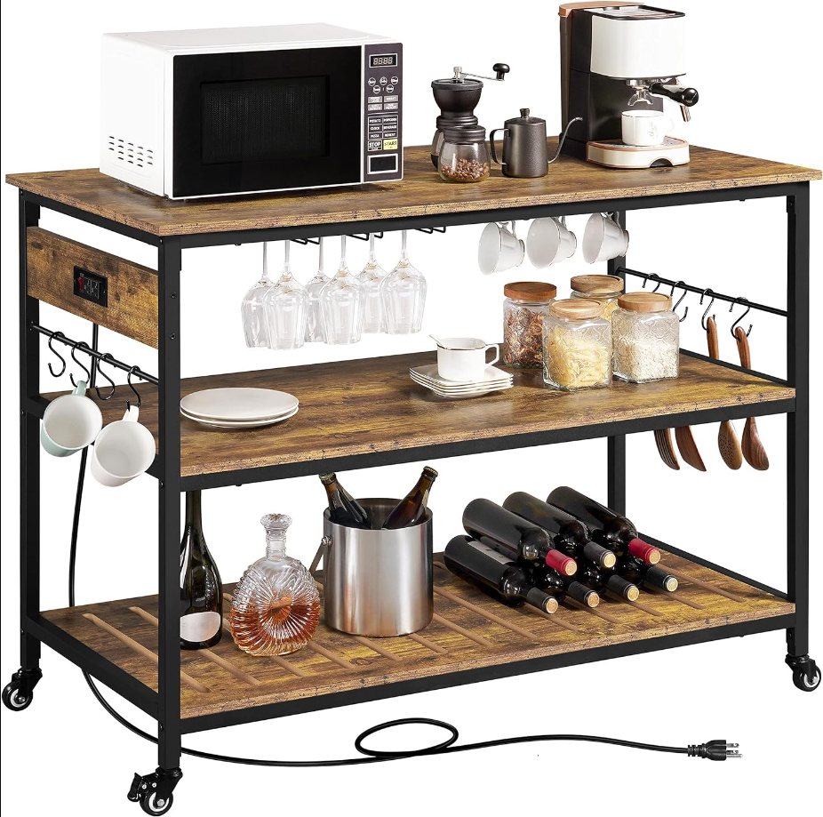 Kitchen Island with Power Outlet, Rolling Kitchen Cart with Wine Rack & Glass Holder & Hooks, Coffee Station Microwave Stand Wine Rack Table for KitchenDinning Room, Rustic Brown