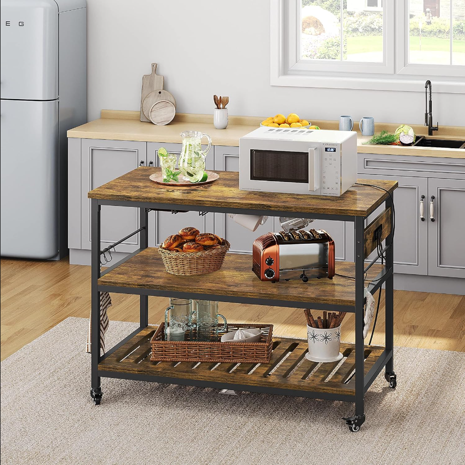 Kitchen Island with Power Outlet, Rolling Kitchen Cart with Wine Rack & Glass Holder & Hooks, Coffee Station Microwave Stand Wine Rack Table for KitchenDinning Room, Rustic Brown