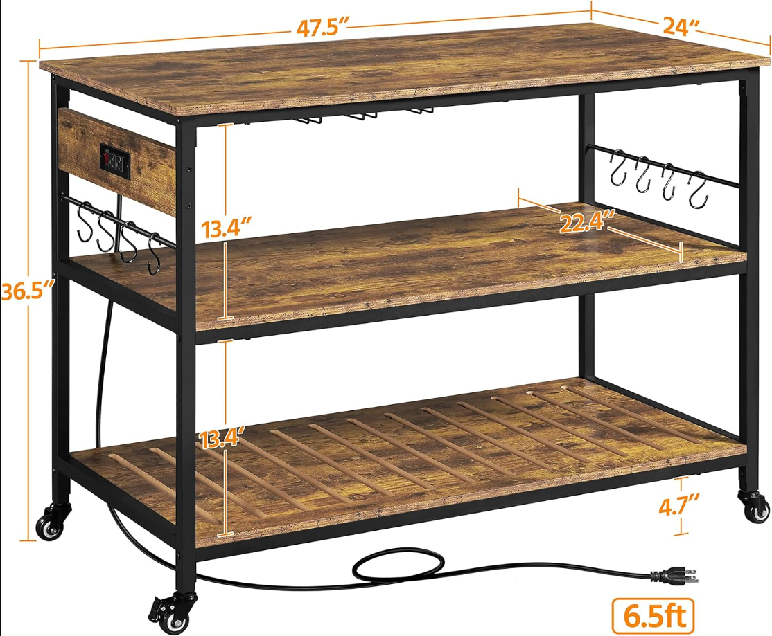 Kitchen Island with Power Outlet, Rolling Kitchen Cart with Wine Rack & Glass Holder & Hooks, Coffee Station Microwave Stand Wine Rack Table for KitchenDinning Room, Rustic Brown