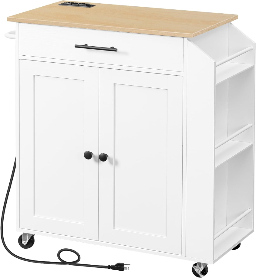 Kitchen Island with Power Outlet, Kitchen Storage Island with Spice Rack and Drawer, Rolling Kitchen Cart on Wheels, for Home, Kitchen and Dining Room