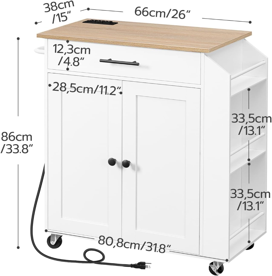 Kitchen Island with Power Outlet, Kitchen Storage Island with Spice Rack and Drawer, Rolling Kitchen Cart on Wheels, for Home, Kitchen and Dining Room