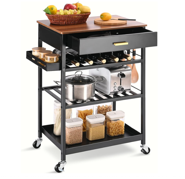Kitchen Island Cart with Drawer, Rolling Kitchen Service Cart with Wooden Tabletop, 3-Tier Storage Cart on Wheels, Storage Trolley Cart with Hooks for Kitchen, Dining Room