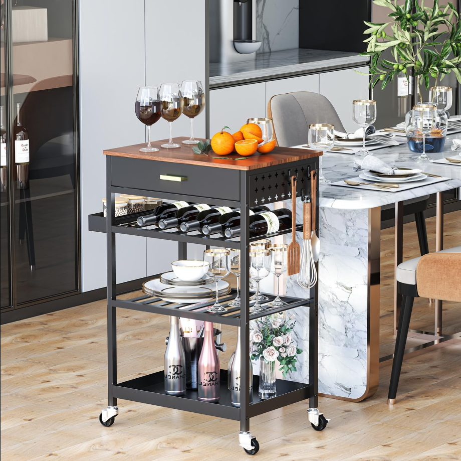 Kitchen Island Cart with Drawer, Rolling Kitchen Service Cart with Wooden Tabletop, 3-Tier Storage Cart on Wheels, Storage Trolley Cart with Hooks for Kitchen, Dining Room