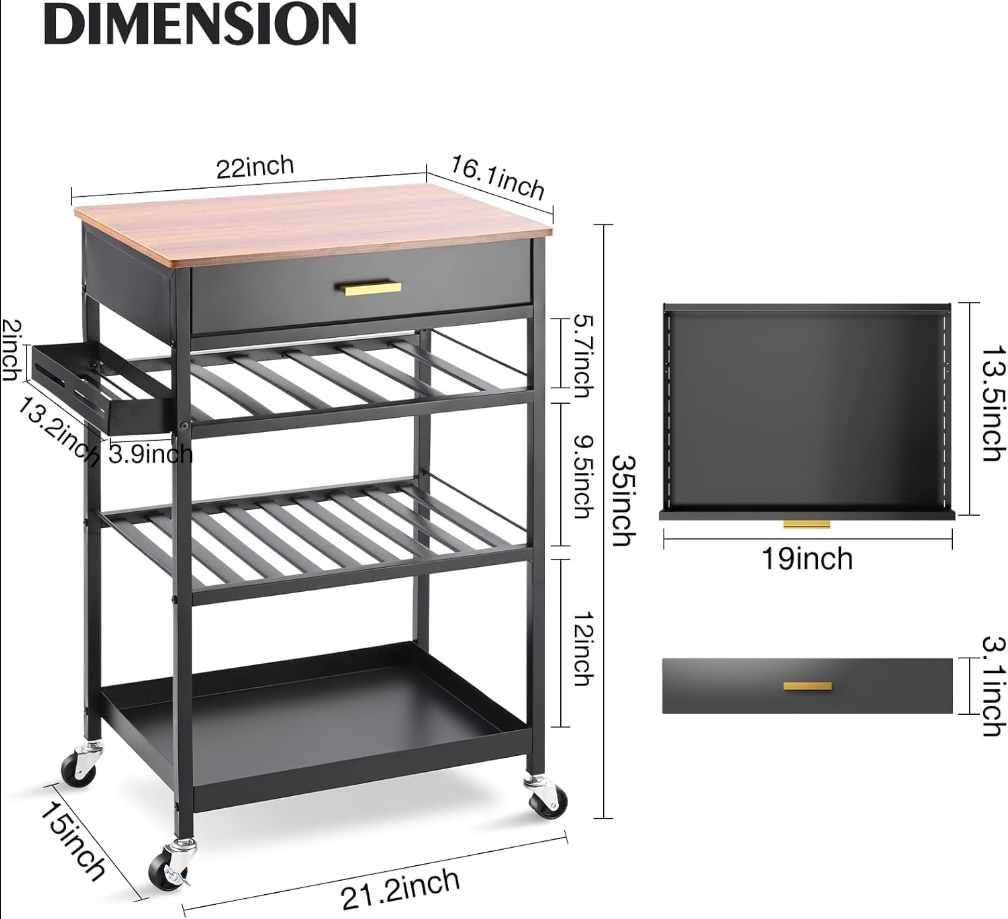 Kitchen Island Cart with Drawer, Rolling Kitchen Service Cart with Wooden Tabletop, 3-Tier Storage Cart on Wheels, Storage Trolley Cart with Hooks for Kitchen, Dining Room